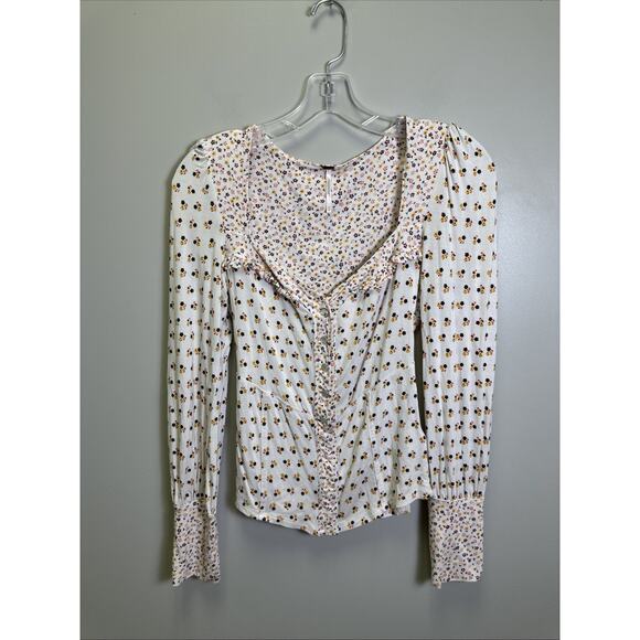Free People Kissin Kate Top XS Floral Sweetheart Pearl Snap Coquette Milkmaid - Picture 1 of 9